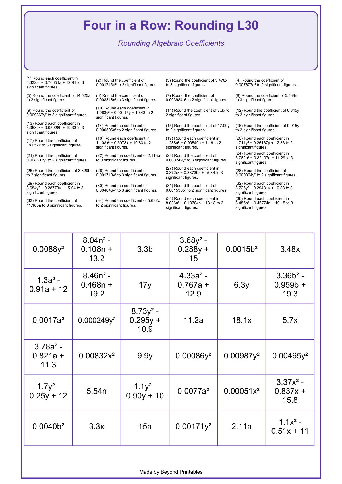 Rounding Four in a Row | Level 30: Rounding Algebraic Coefficients | Version 1 — game-board