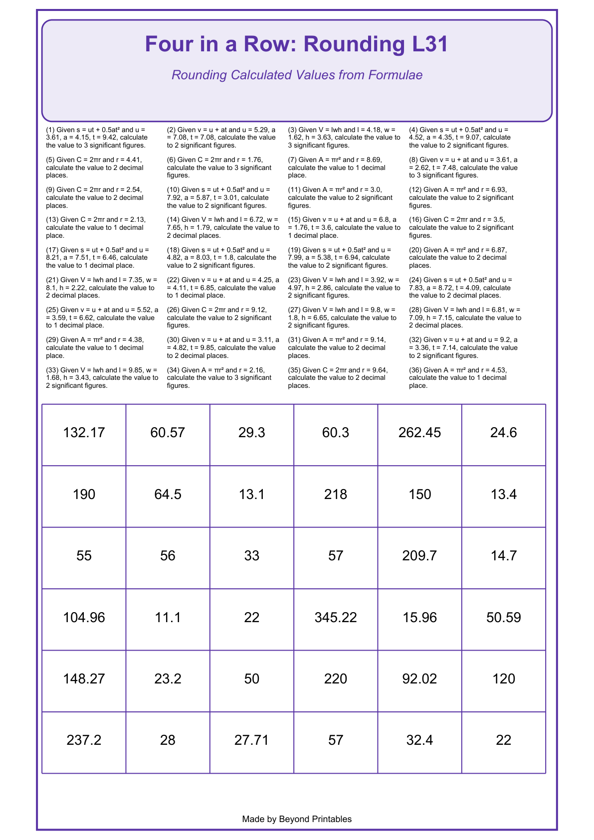 Rounding Four in a Row | Level 31: Rounding Calculated Values from Formulae | Version 1 — game-board