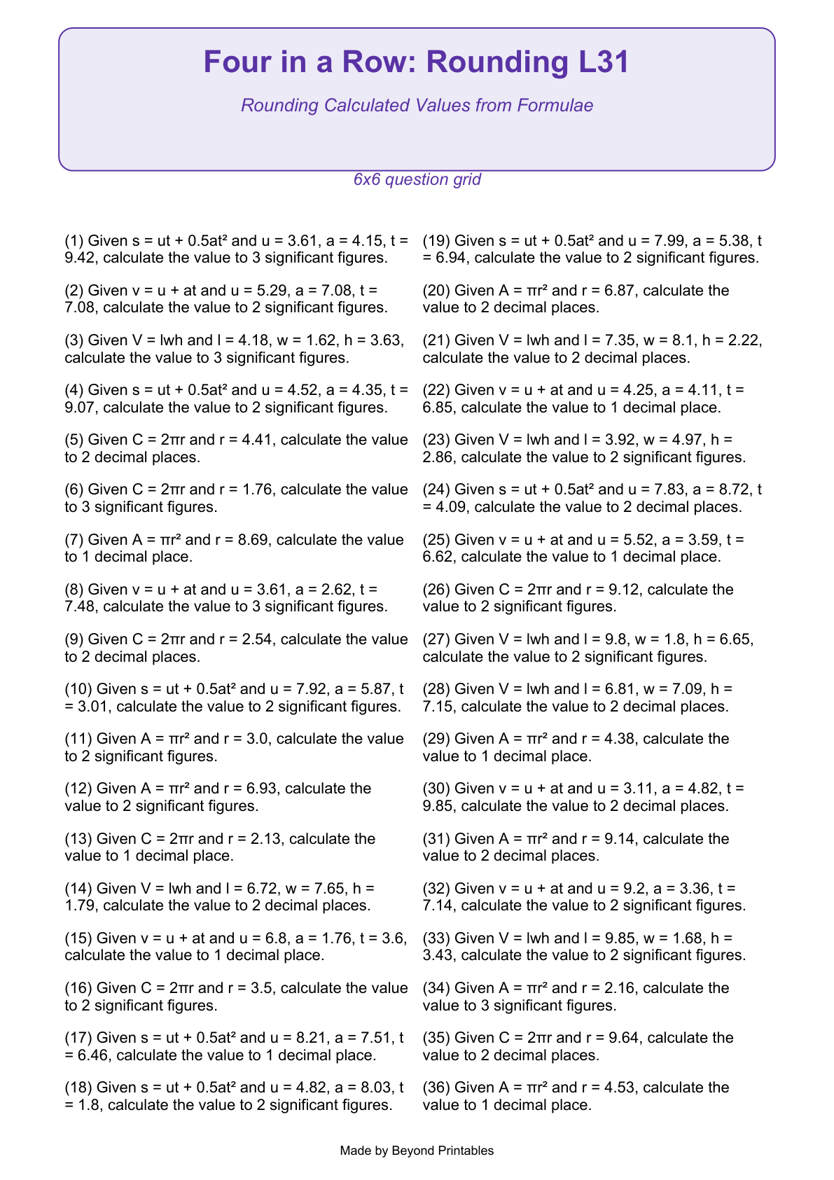 Rounding Four in a Row | Level 31: Rounding Calculated Values from Formulae | Version 1 — question-grid