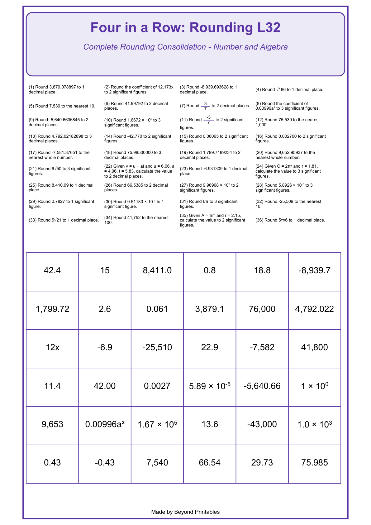 Rounding Four in a Row | Level 32: Complete Rounding Consolidation - Number and Algebra | Version 1 — game-board