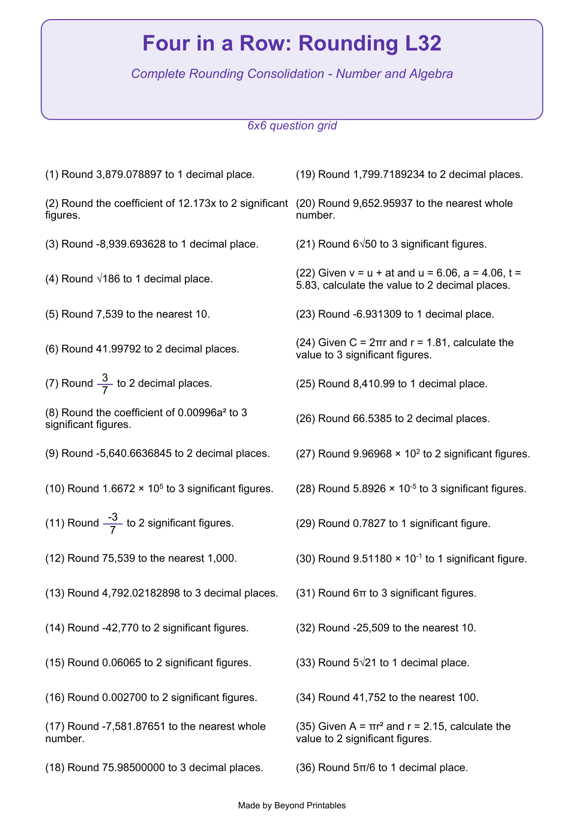 Rounding Four in a Row | Level 32: Complete Rounding Consolidation - Number and Algebra | Version 1 — question-grid